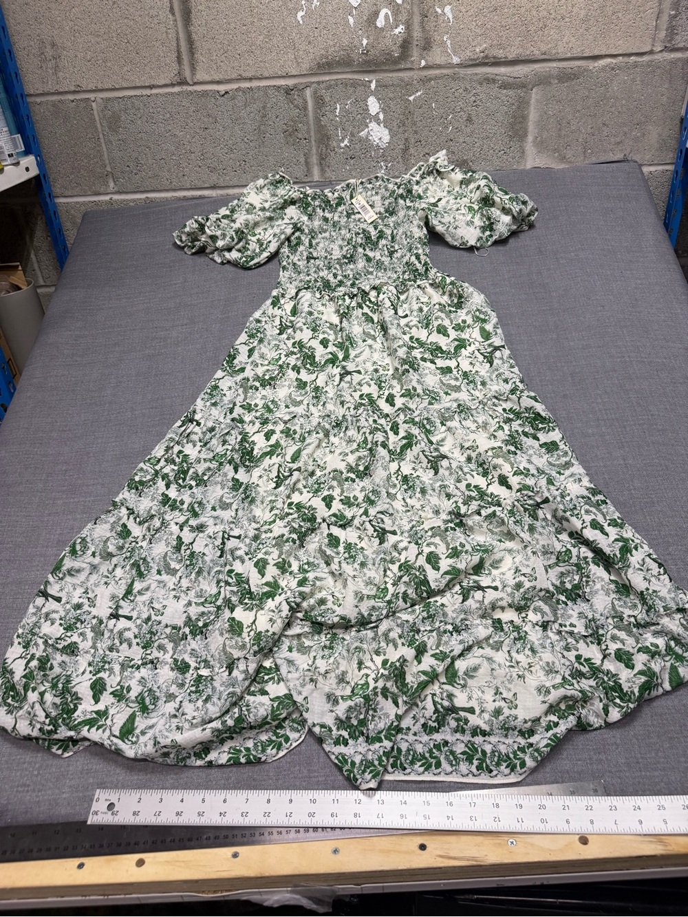 Max Studio White and Green Floral Puff-Sleeve Maxi Dress